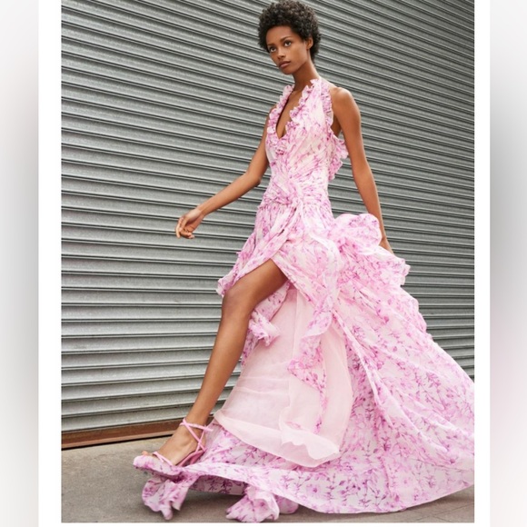 NWT Cinq a Sept Agatha Chiffon Ruffled Gown in Vibrant Plum Multi Size 10 - Picture 4 of 17